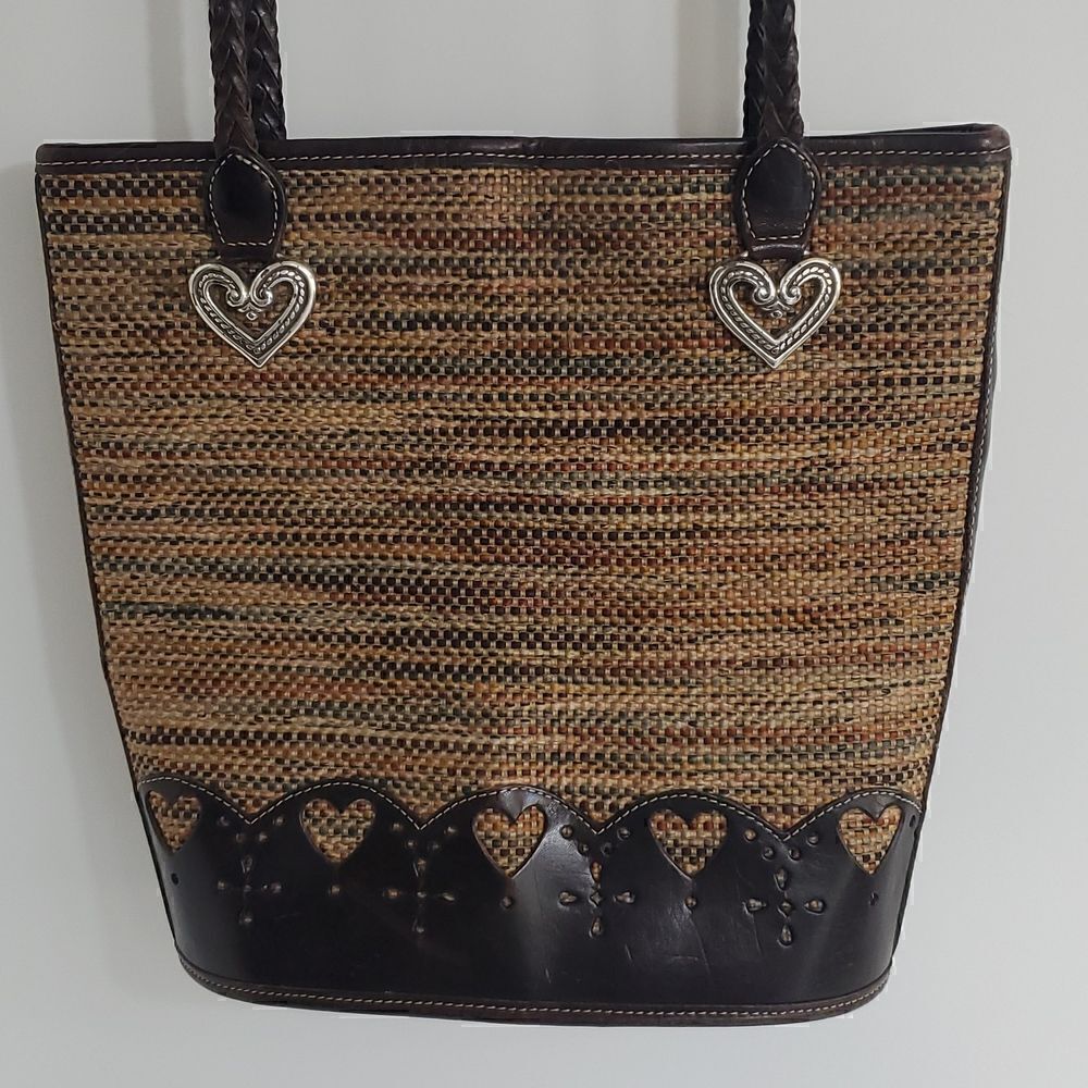 Brighton Bucket Caroline Tweed with Silver Hearts Brown Leather Shoulder Bag